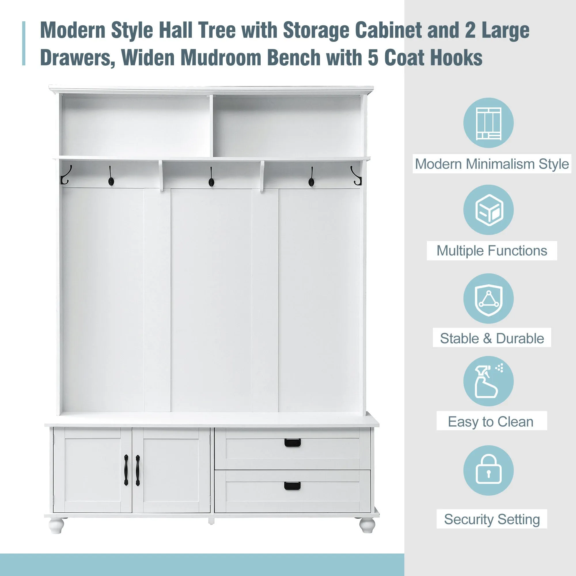 Modern Hall Tree: Storage Cabinet, Large Drawers, and 5 Coat Hooks for an Organized Mudroom in White