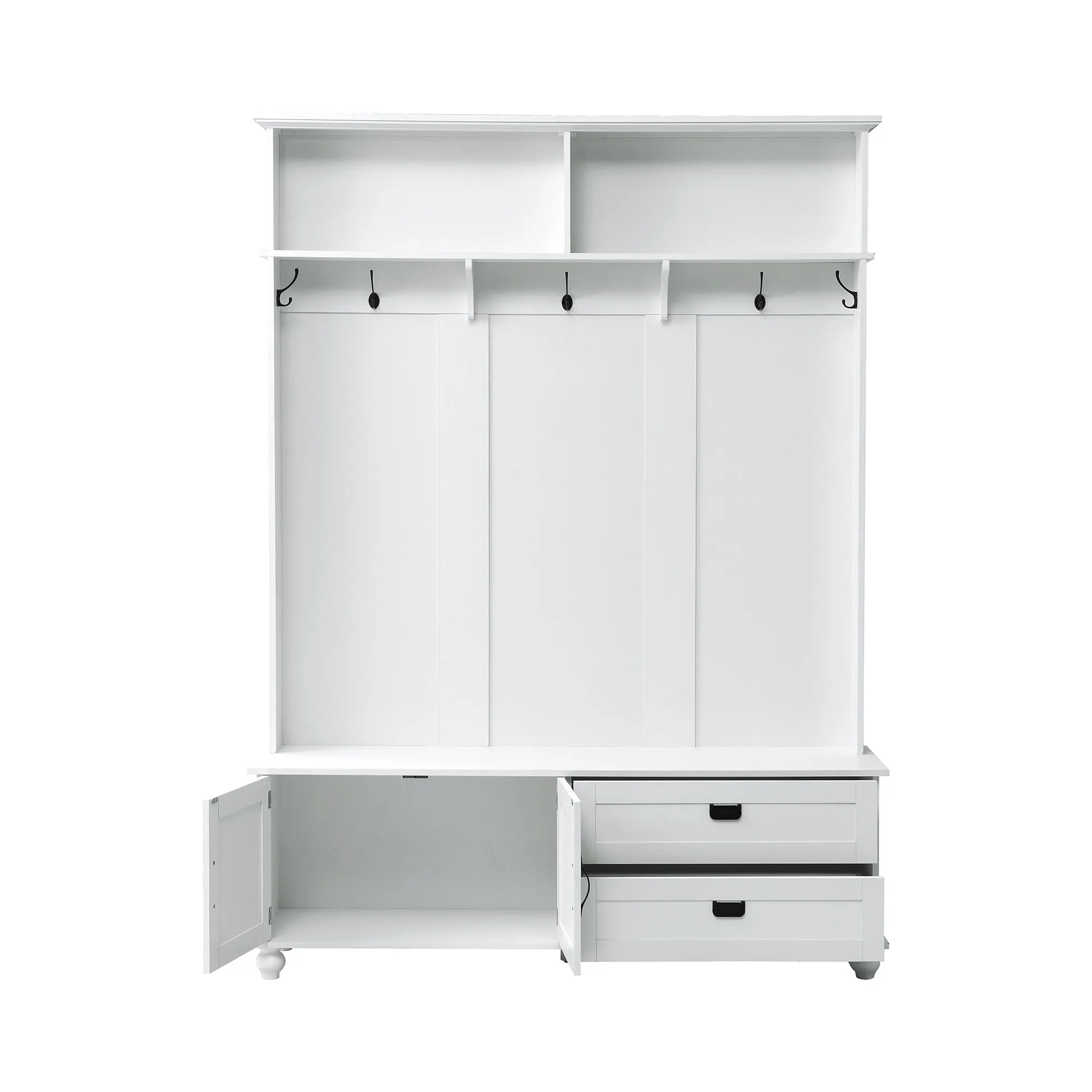 Modern Hall Tree: Storage Cabinet, Large Drawers, and 5 Coat Hooks for an Organized Mudroom in White