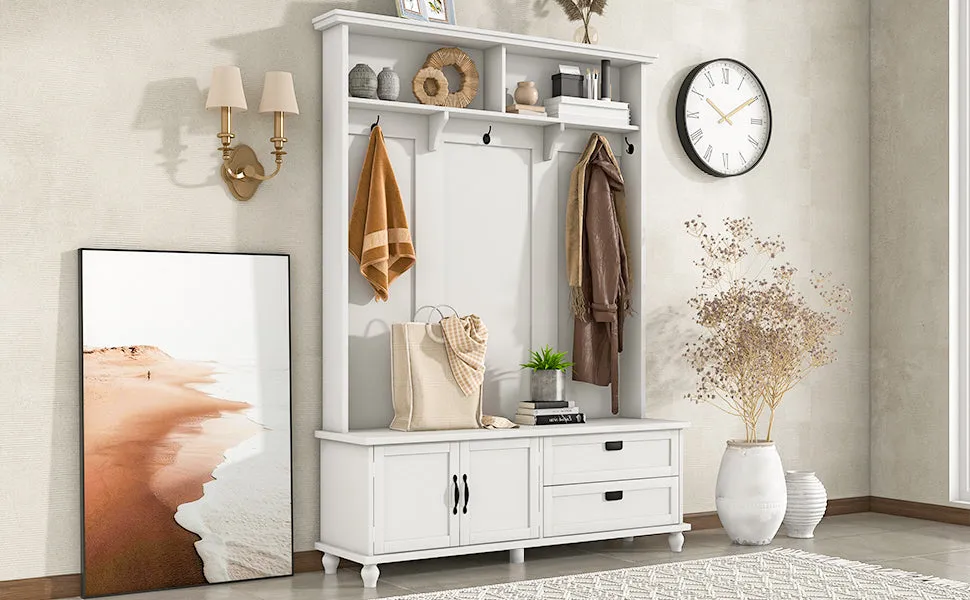 Modern Hall Tree: Storage Cabinet, Large Drawers, and 5 Coat Hooks for an Organized Mudroom in White