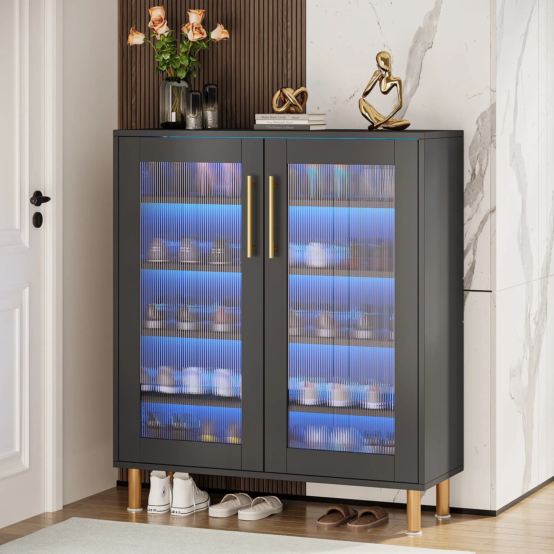 Modern Shoe Cabinet, 5-Tier Shoe Organizer with LED Light & Acrylic Doors