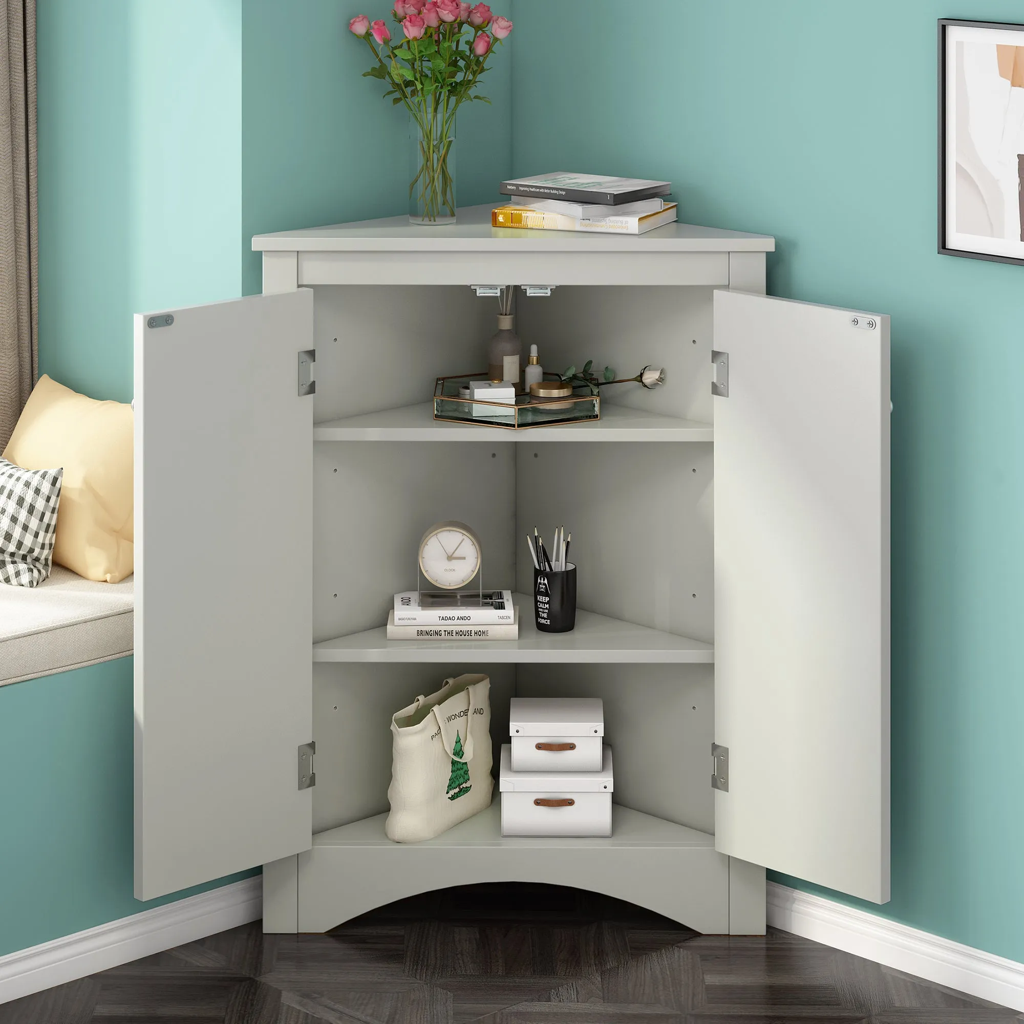 Modern Triangle Corner Cabinet -  Gray