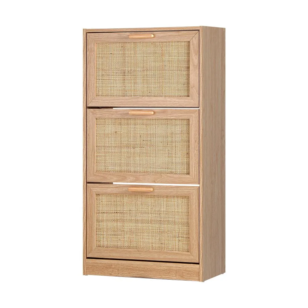 Oikiture Shoe Cabinet Storage 3 Doors Shoes Rack Organiser Rattan Shelf 45 Pairs