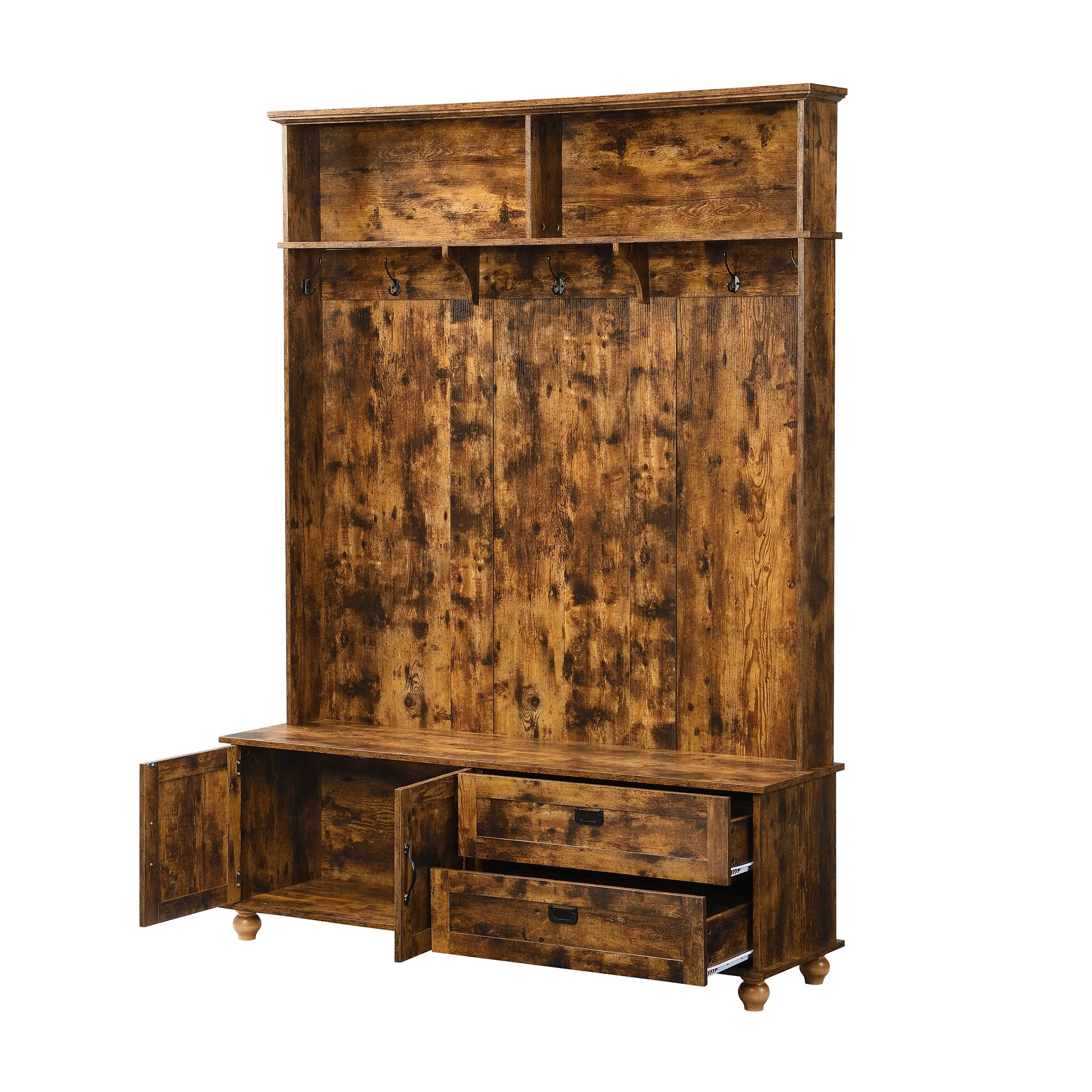 ON-TREND Modern Style Hall Tree with Storage Cabinet and 2 Large Drawers, Widen Mudroom Bench with 5 Coat Hooks, Rustic Brown