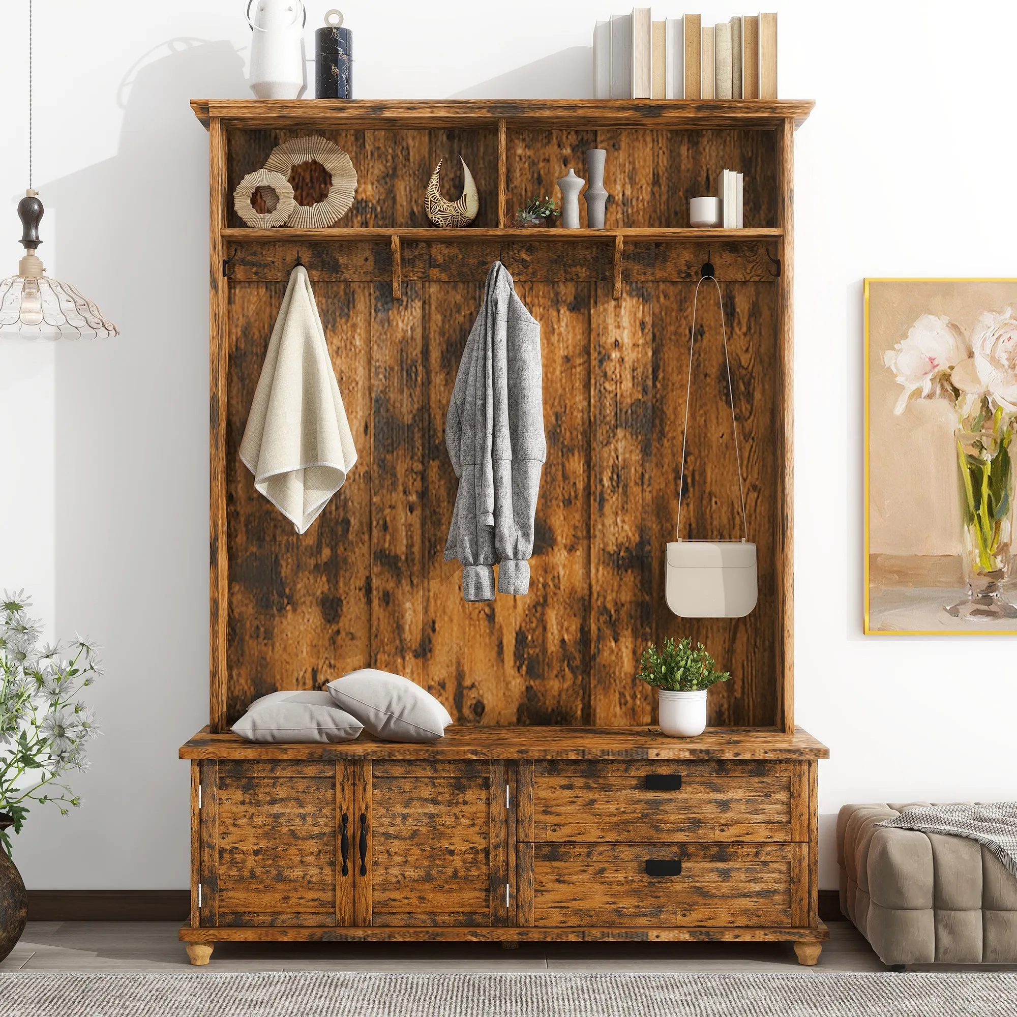 ON-TREND Modern Style Hall Tree with Storage Cabinet and 2 Large Drawers, Widen Mudroom Bench with 5 Coat Hooks, Rustic Brown