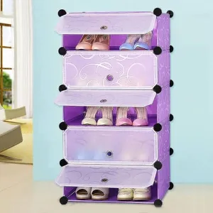 Oumffy DIY Shoe Rack Organizer/Multi-Purpose Plastic 5 Layers Portable and Folding Shoes Rack (Purple)