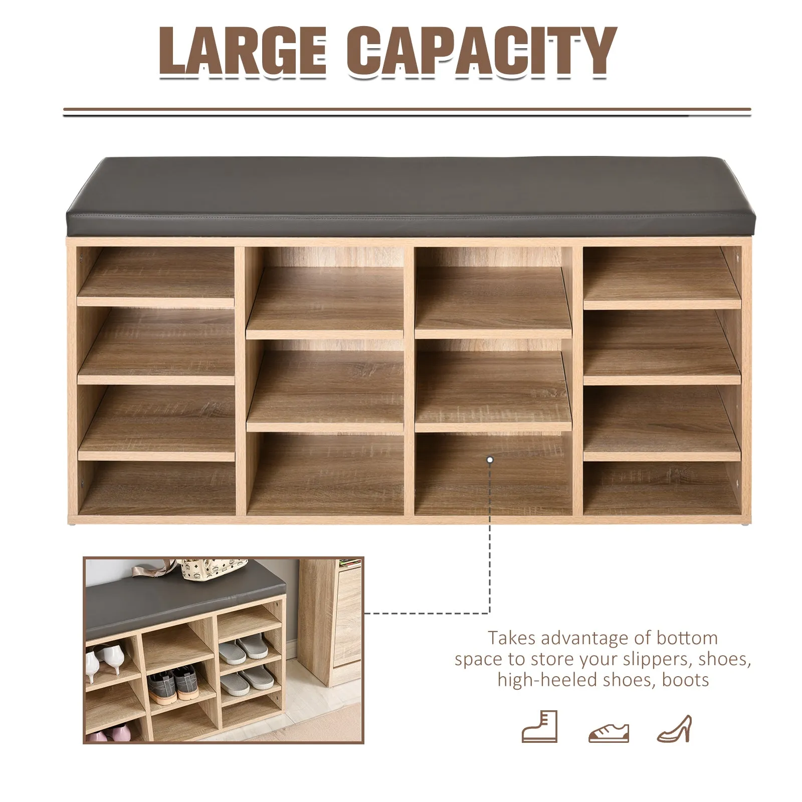 Shoe Bench - Multi-Storage Shoe Rack w/ 14 Compartments Cushion Moving Shelves Solid Frame