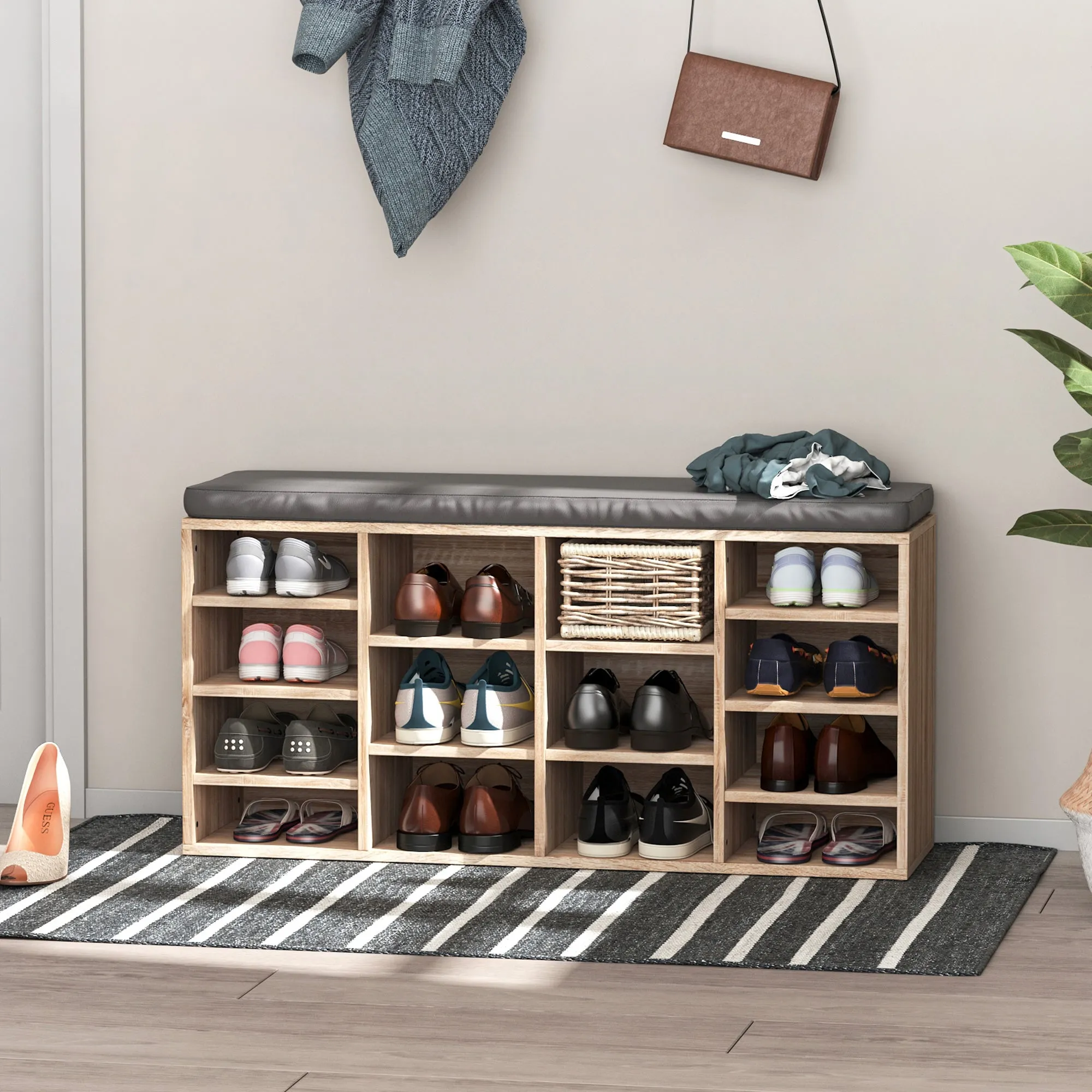 Shoe Bench - Multi-Storage Shoe Rack w/ 14 Compartments Cushion Moving Shelves Solid Frame