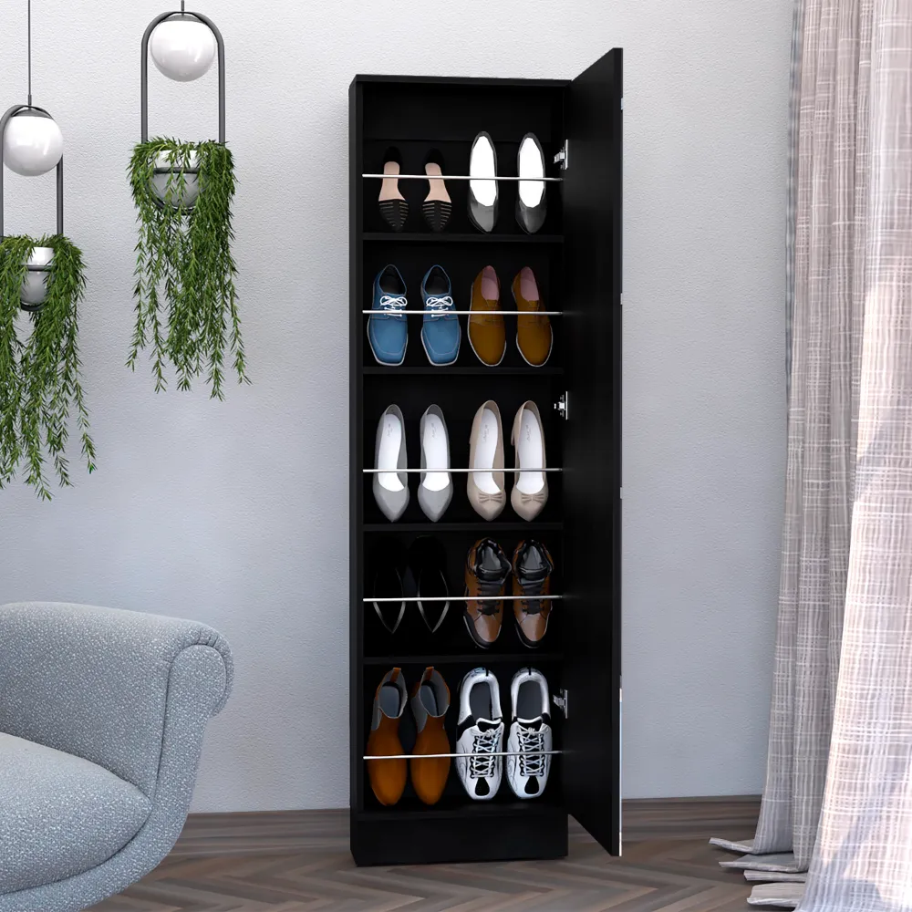 Shoe rack 67" H, five internal Storage Shelves, a mirror, a door, approximate capacity of 10 pairs of shoes, black