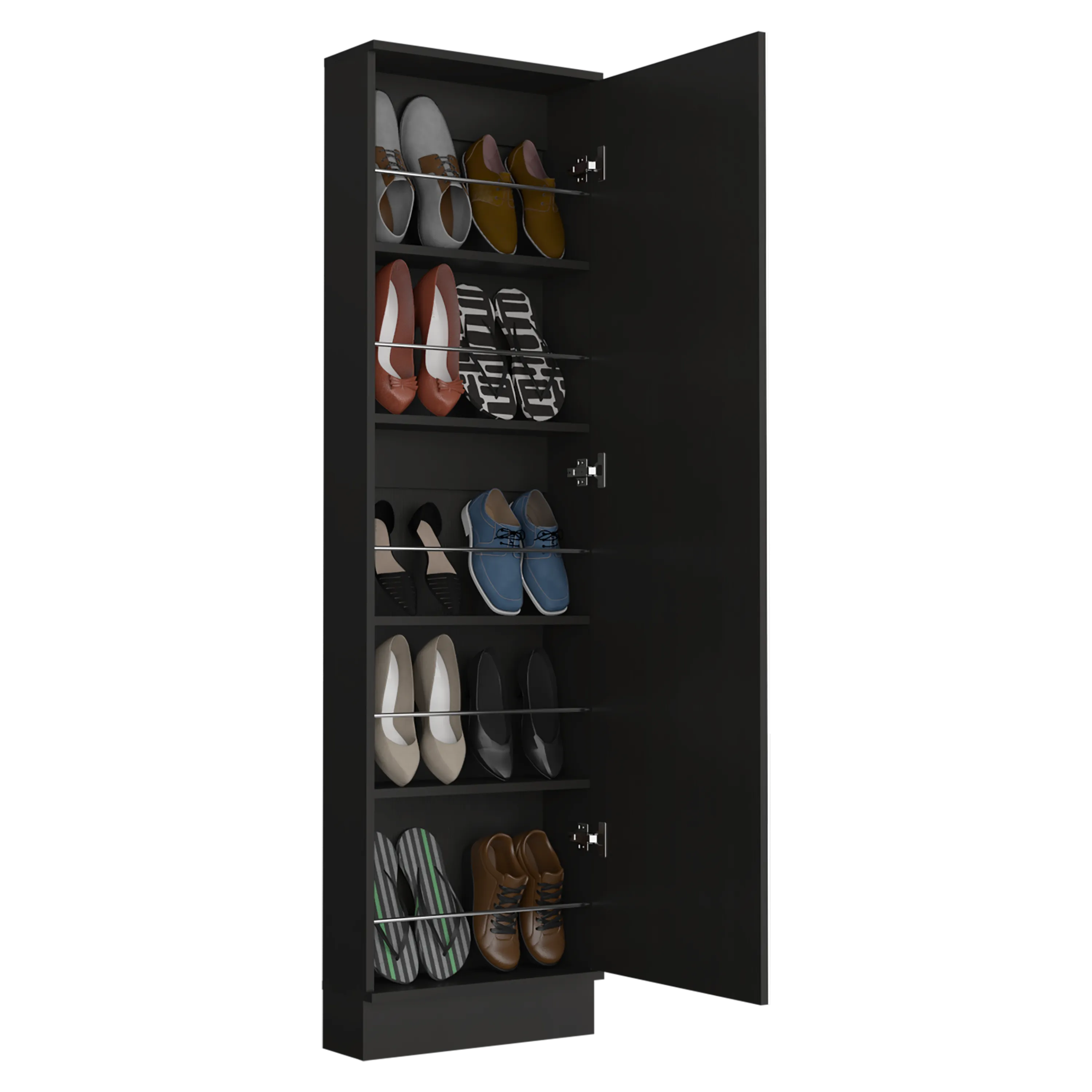 Shoe rack 67" H, five internal Storage Shelves, a mirror, a door, approximate capacity of 10 pairs of shoes, black