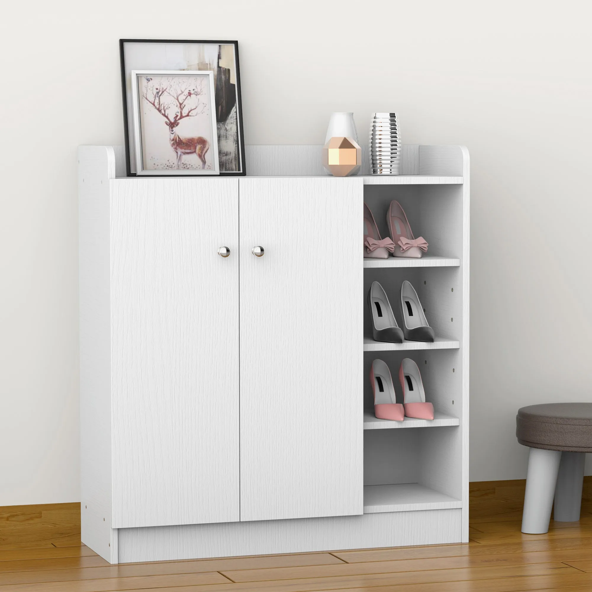 Shoe Storage Cabinet Two Doors w/ Adjustable 4 Shelves Cupboard Footwear Rack Stand Organiser Hallway White