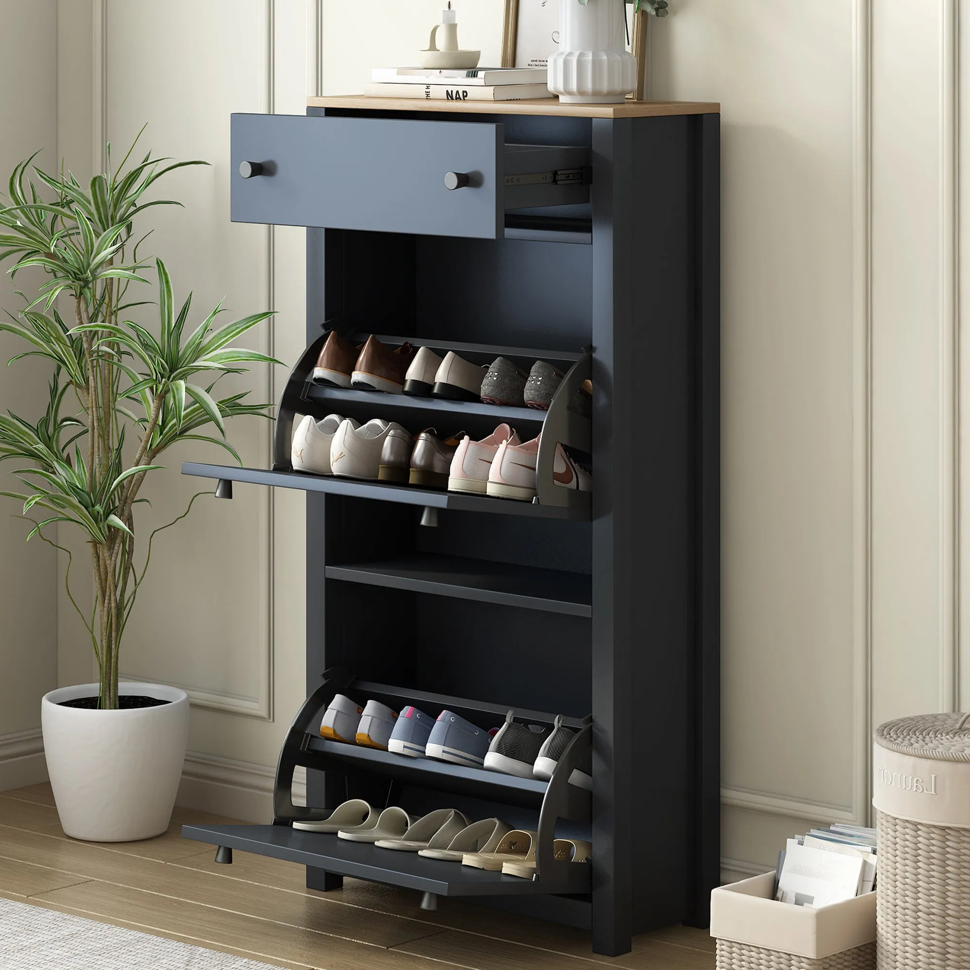 Summit Slim Shoe Cabinet With 4 Flip Drawers - Black