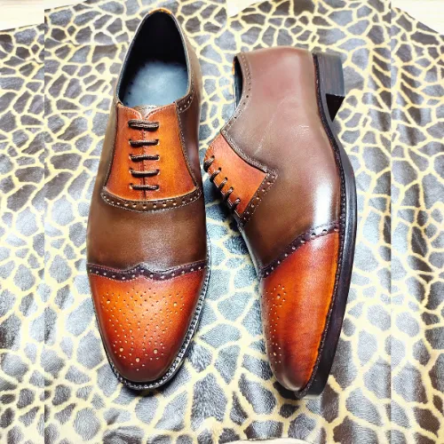 Tailor Made Shoes Handmade Shoes Custom Made Shoes Hand painted Handstiched Two Tone Leather Wingtip Oxford Formal Dress Men's Shoes