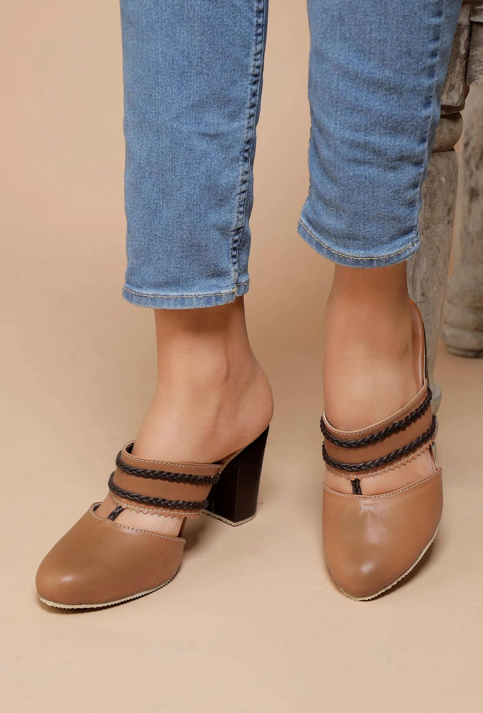 Tan Bhoori Braided Block Heels