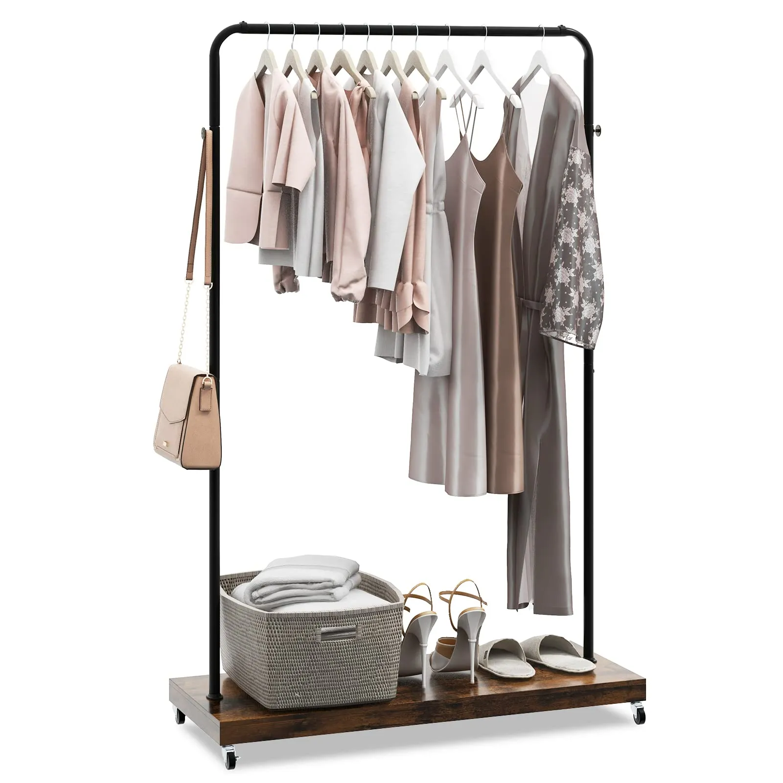 Tangkula Clothes Rack on Wheels, Industrial Pipe Style Rolling Garment Rack with Bottom Storage Shelf & 5 Hanging Hooks