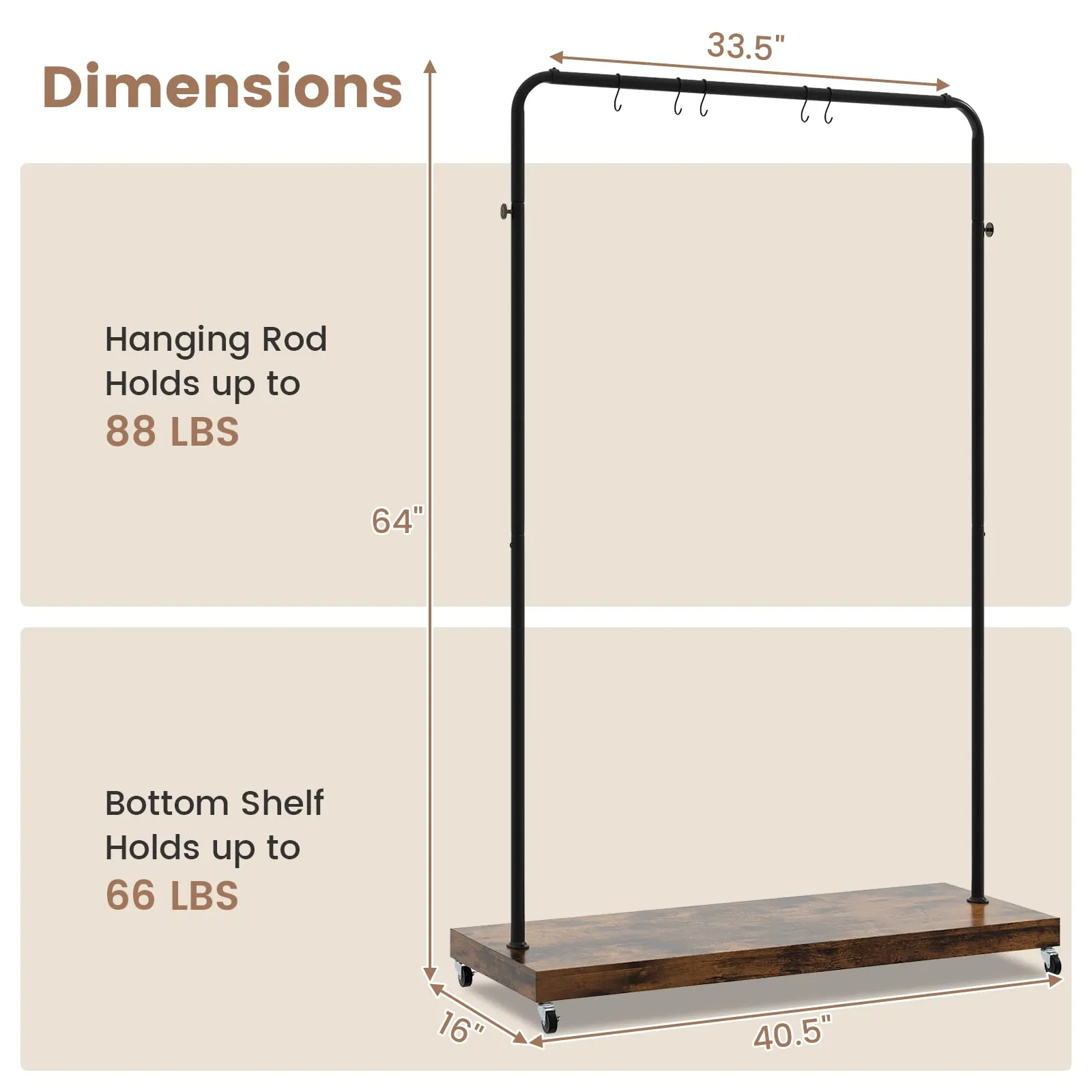 Tangkula Clothes Rack on Wheels, Industrial Pipe Style Rolling Garment Rack with Bottom Storage Shelf & 5 Hanging Hooks