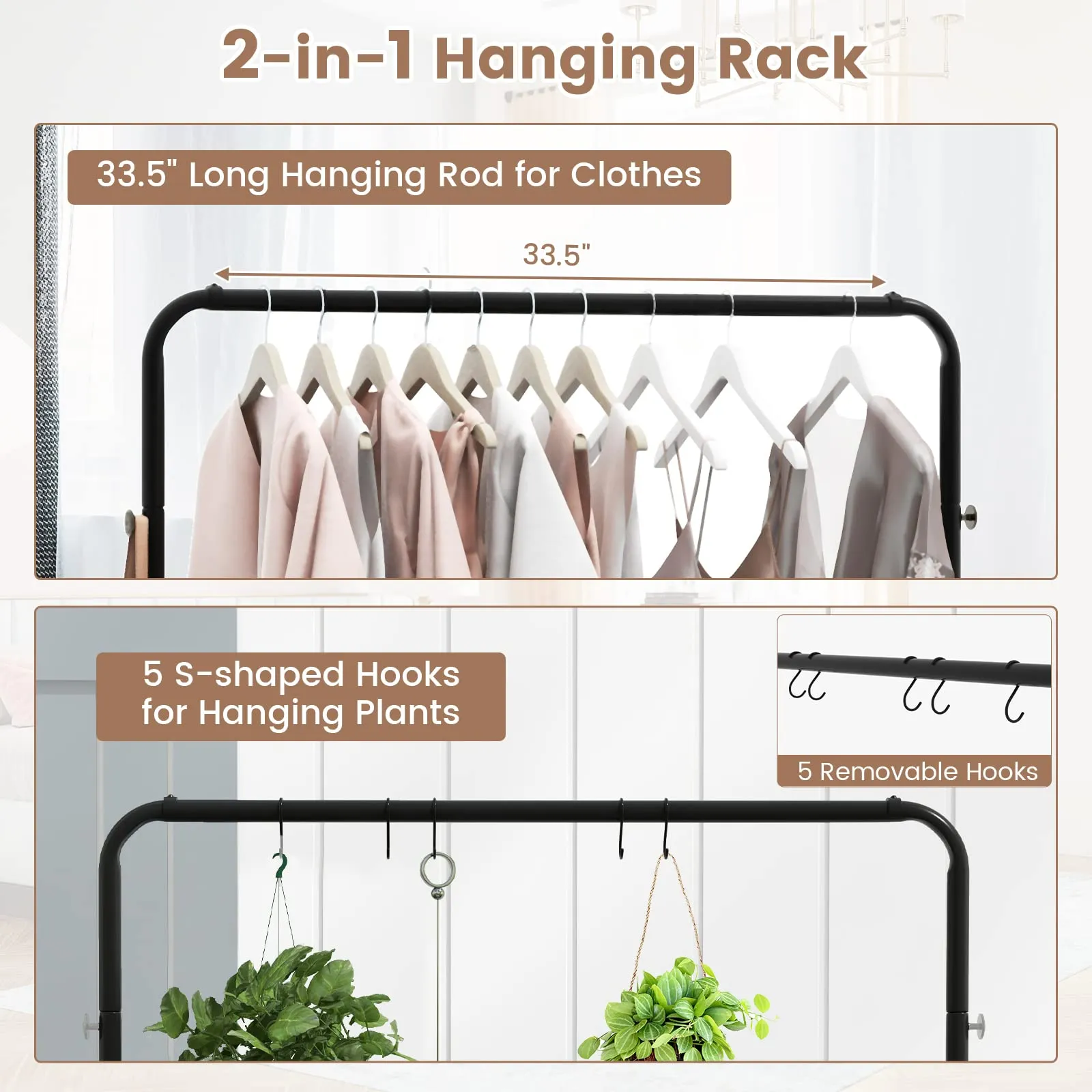 Tangkula Clothes Rack on Wheels, Industrial Pipe Style Rolling Garment Rack with Bottom Storage Shelf & 5 Hanging Hooks