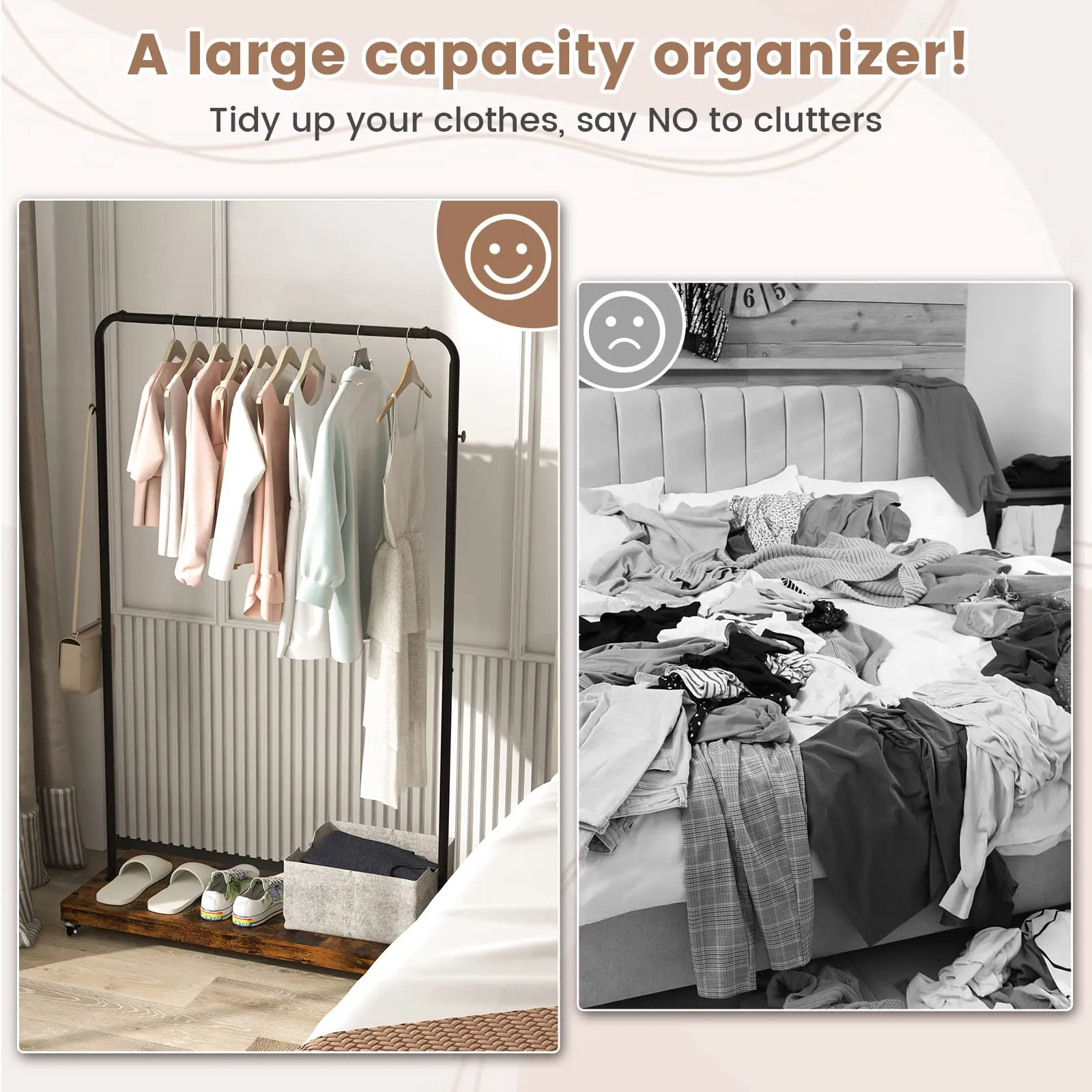 Tangkula Clothes Rack on Wheels, Industrial Pipe Style Rolling Garment Rack with Bottom Storage Shelf & 5 Hanging Hooks