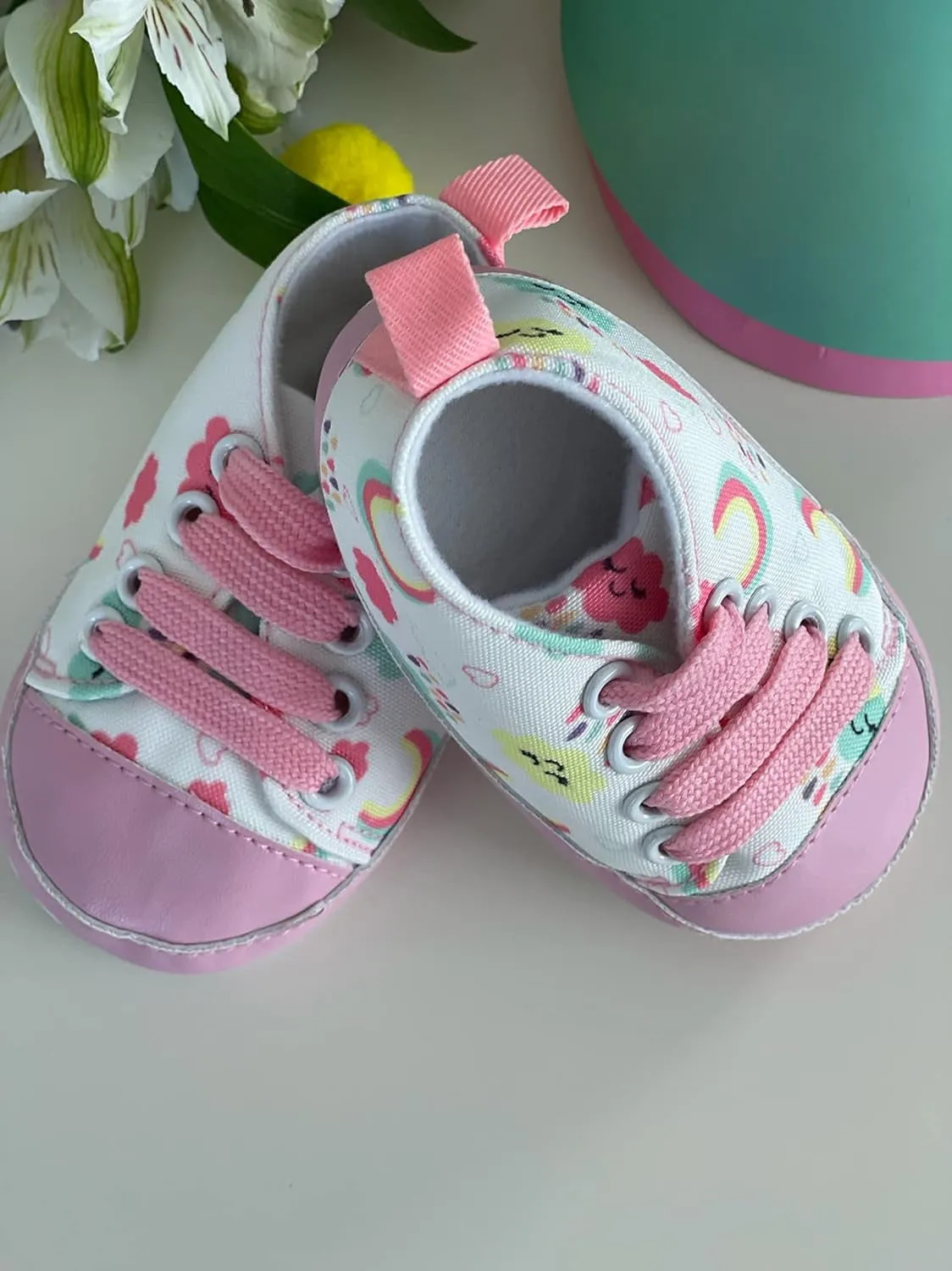 Unisex Infant Sneakers Soft, No Tie, Anti-Slip Sole High-Top Sneaker, First Walkers Canvas Stylish Newborn Shoes for Girls & Boys (Pink Rainbow, 6_Months), 6-12 Months Infant