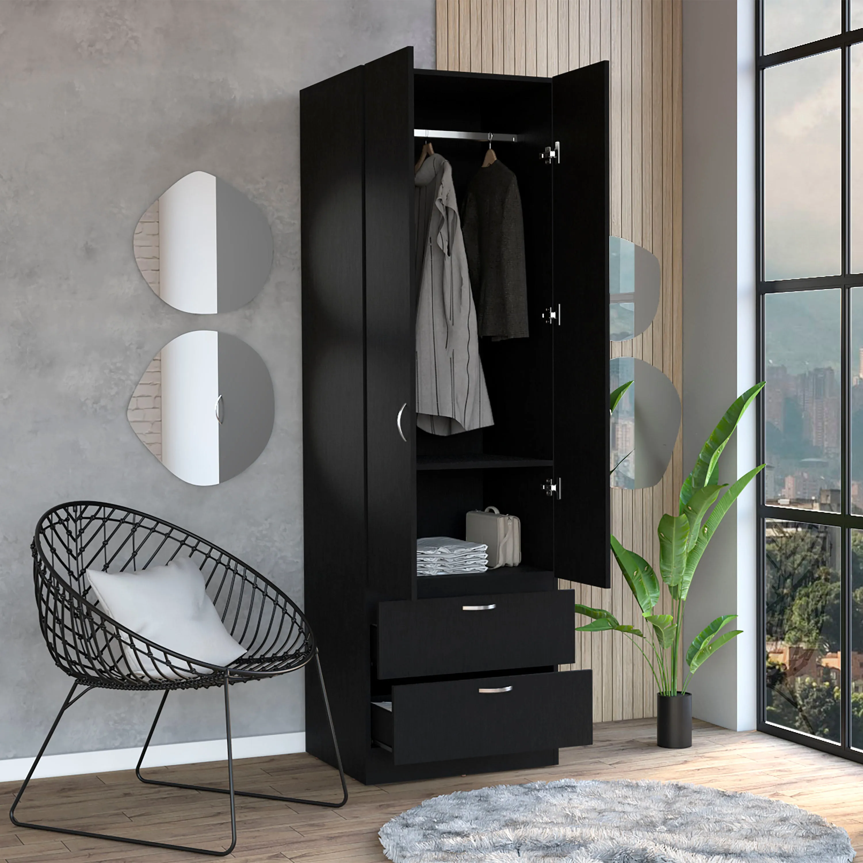 Vico 76" High Armoire Wardrove Closet with 2 Drawers, Double Door Cabinet , One Shelf and Hanging Rod, Bedroom Clothes Storage Cabinet Organizer