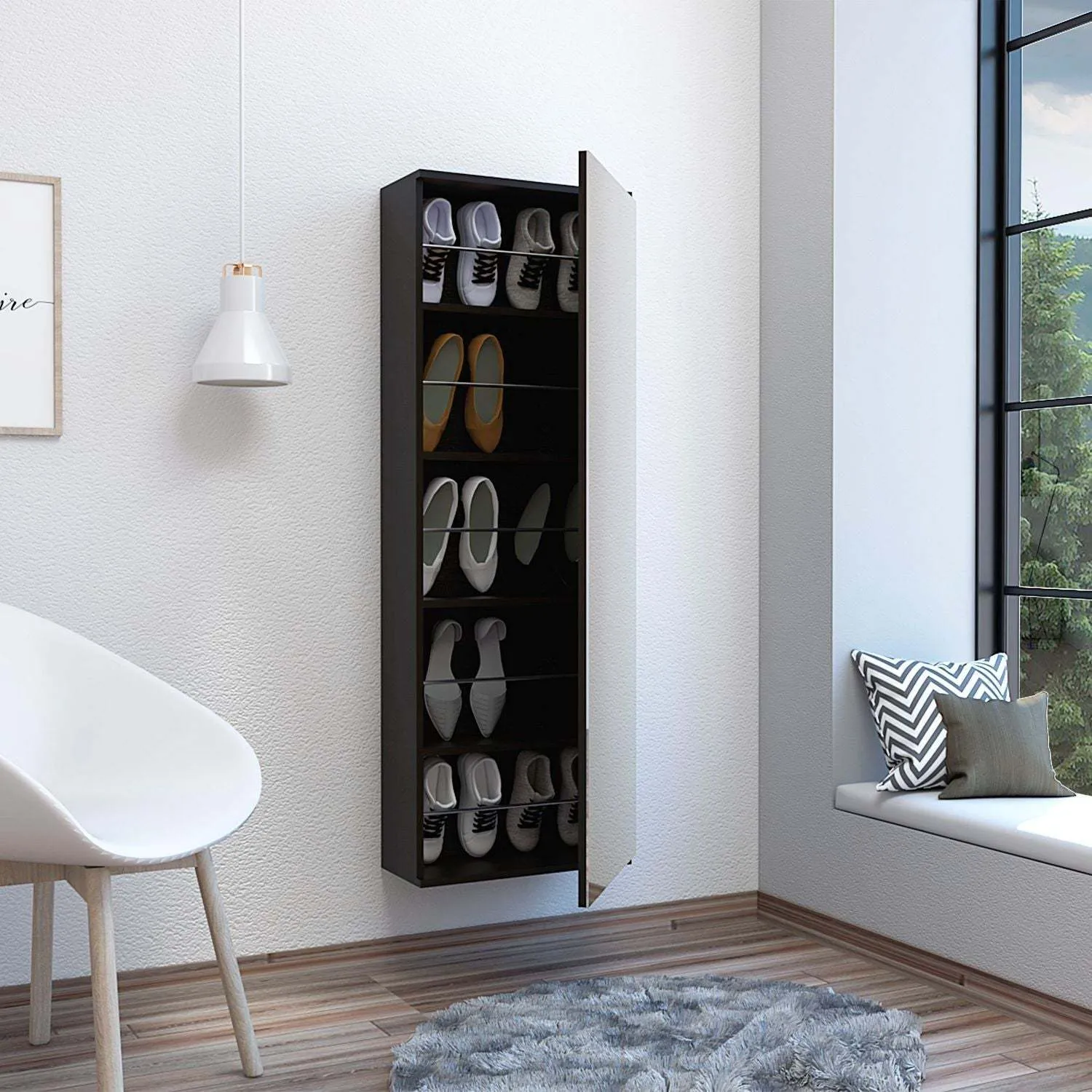 Wall Shoe Rack 54" H, One Mirror, One Door, Five Internal Storage Shelves, Approximate Capacity for Ten Shoes, Black