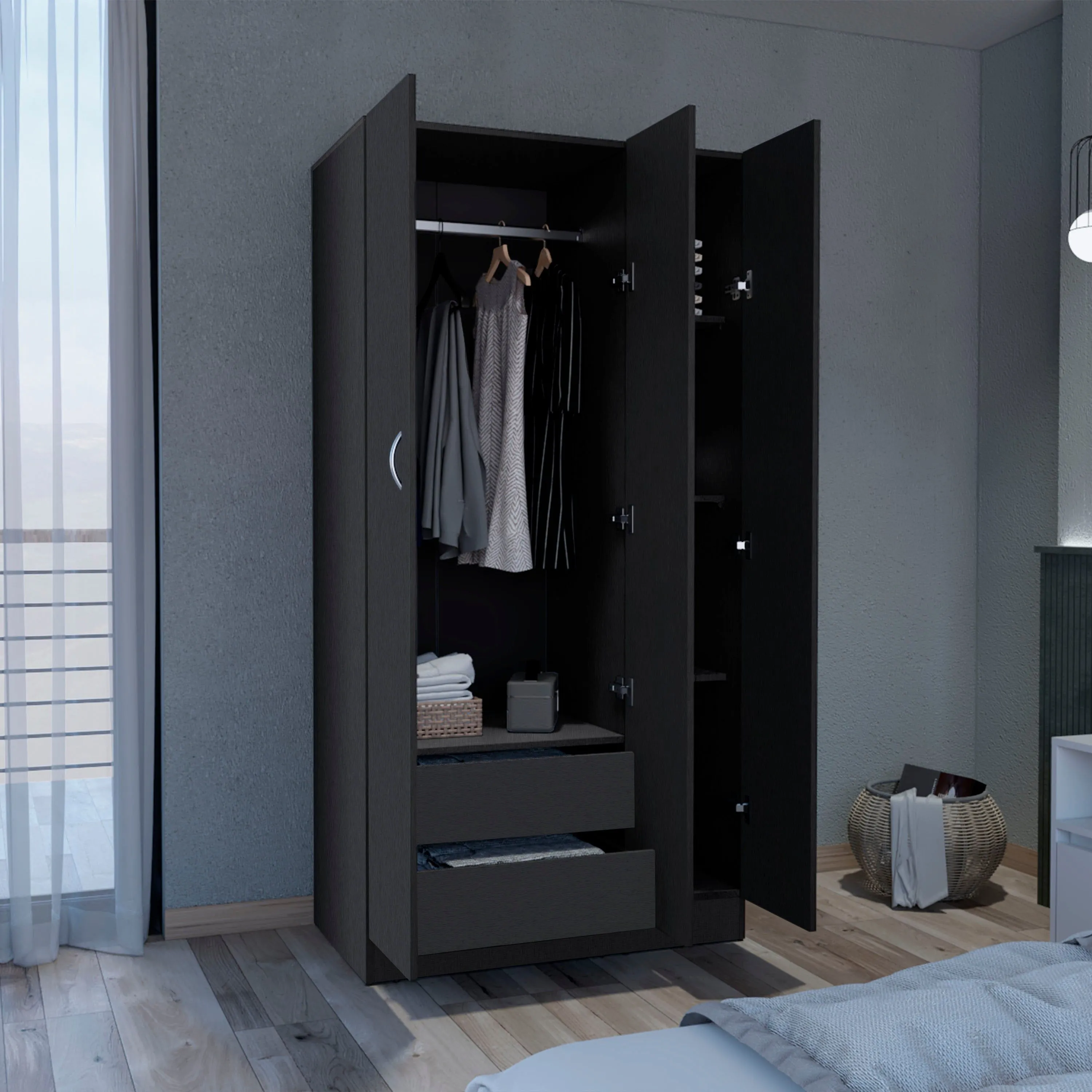 Wardrobe Armoire With 3 Doors And 2 Inner Drawers, 3 Doors - Black