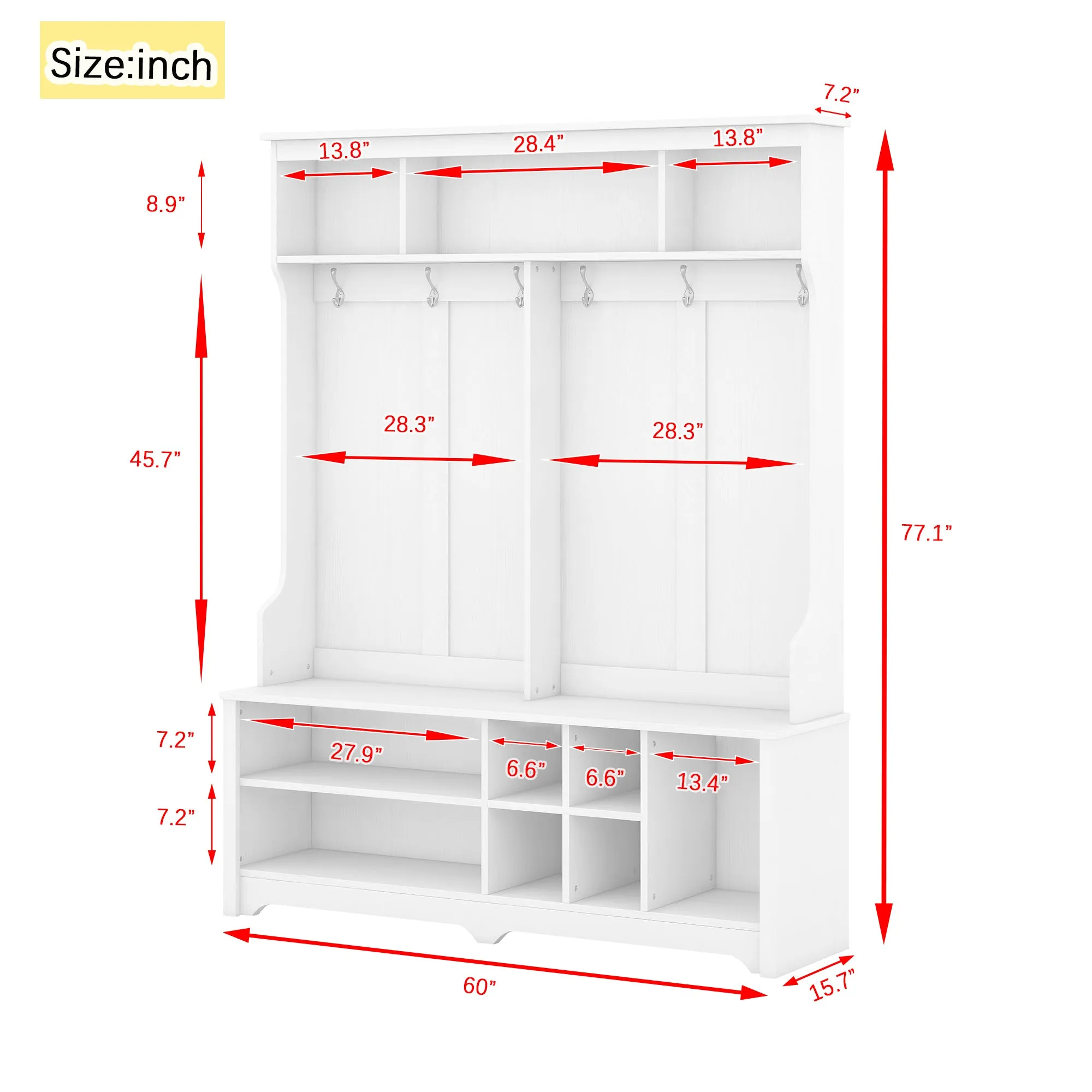 White Multi-Functional Hall Tree: Metal Hooks, Storage, Shoe Cubbies