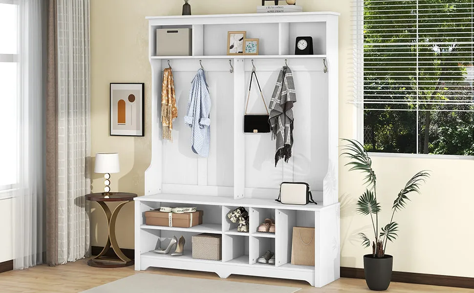 White Multi-Functional Hall Tree: Metal Hooks, Storage, Shoe Cubbies