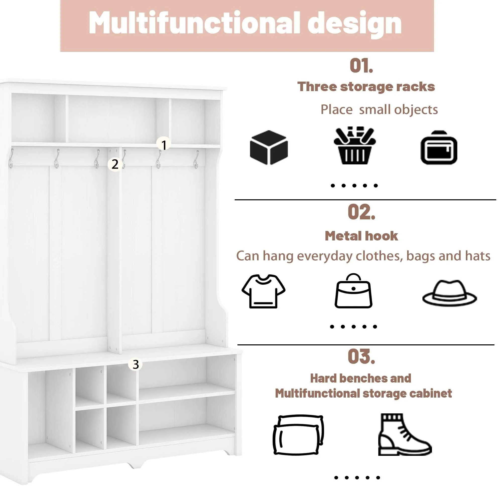 White Multi-Functional Hall Tree: Metal Hooks, Storage, Shoe Cubbies