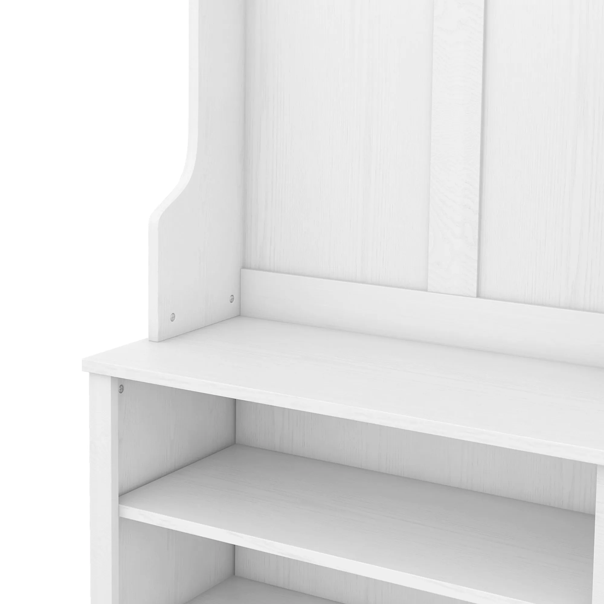 White Multi-Functional Hall Tree: Metal Hooks, Storage, Shoe Cubbies