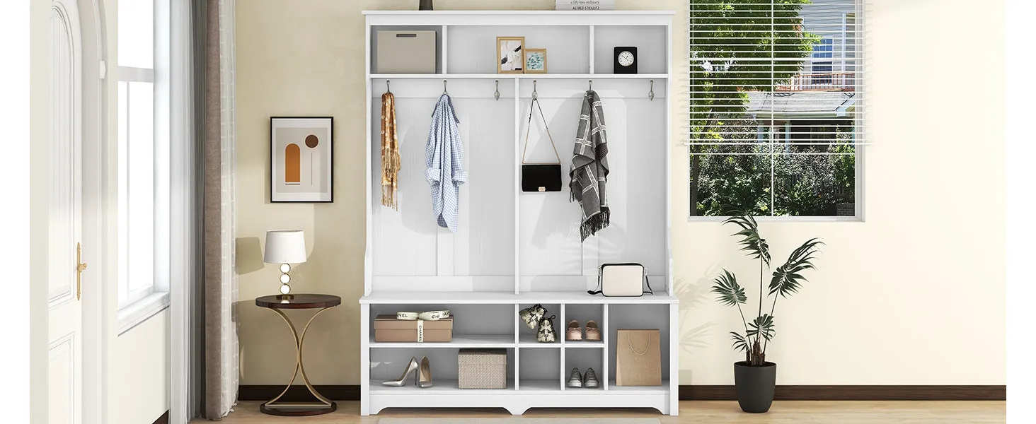 White Multi-Functional Hall Tree: Metal Hooks, Storage, Shoe Cubbies