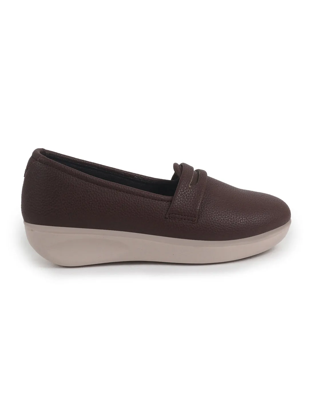 Women Brown Textured Slip On Casual Shoes Flatform Heel Height Enhancer|All Day Comfort|Daily Wear Shoes